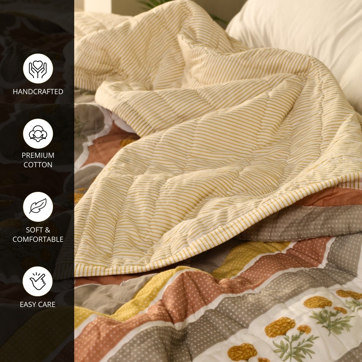 Rust & Taupe Handprinted Quilt | Single, Queen Bed Quilt | Marigold Collection