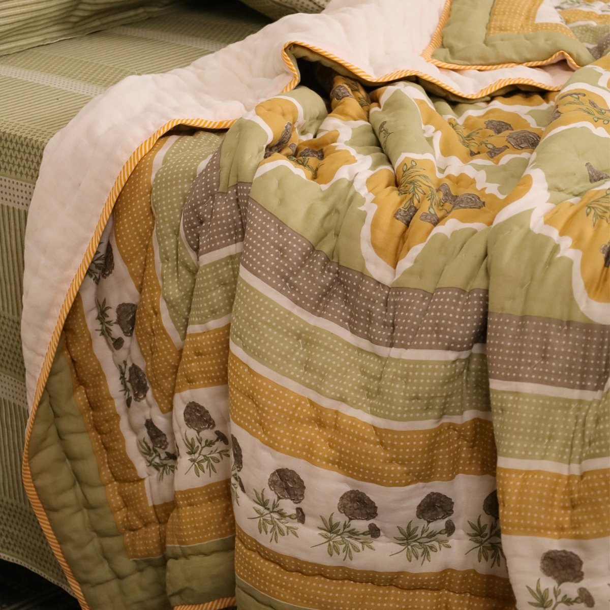 Sage Green and Mustard Fine Cotton Quilt | Marigold Collection