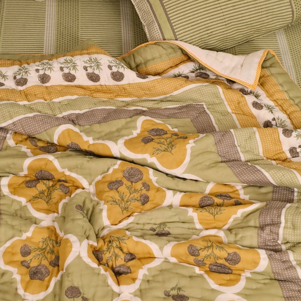 Sage Green and Mustard Fine Cotton Quilt | Marigold Collection