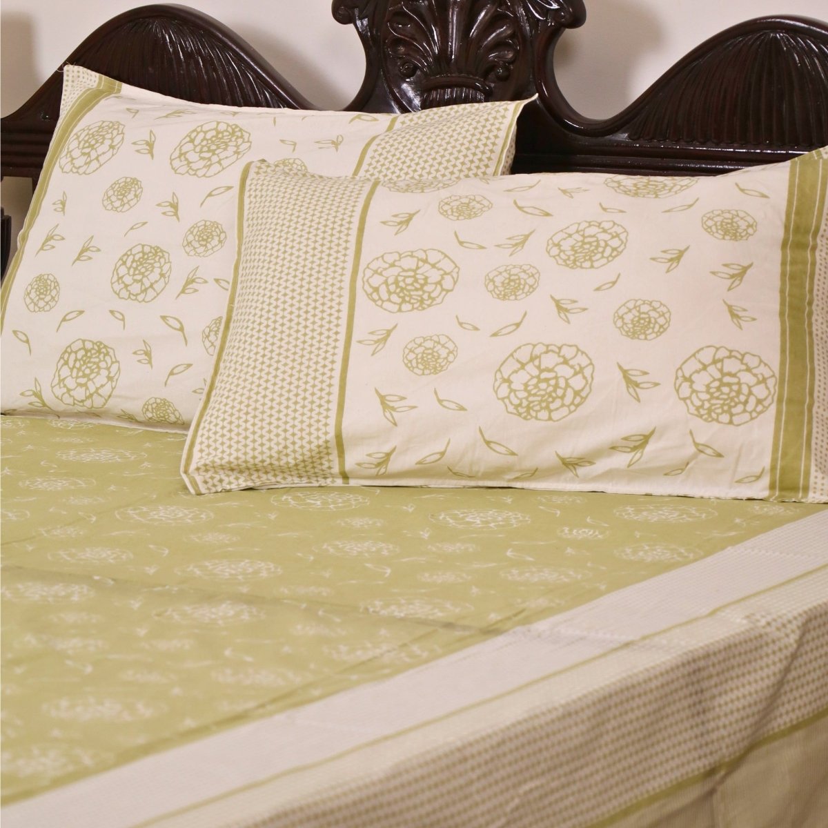 Sage Green & Off White Cotton Bedsheet with Pillow Cover | Marigold Collection