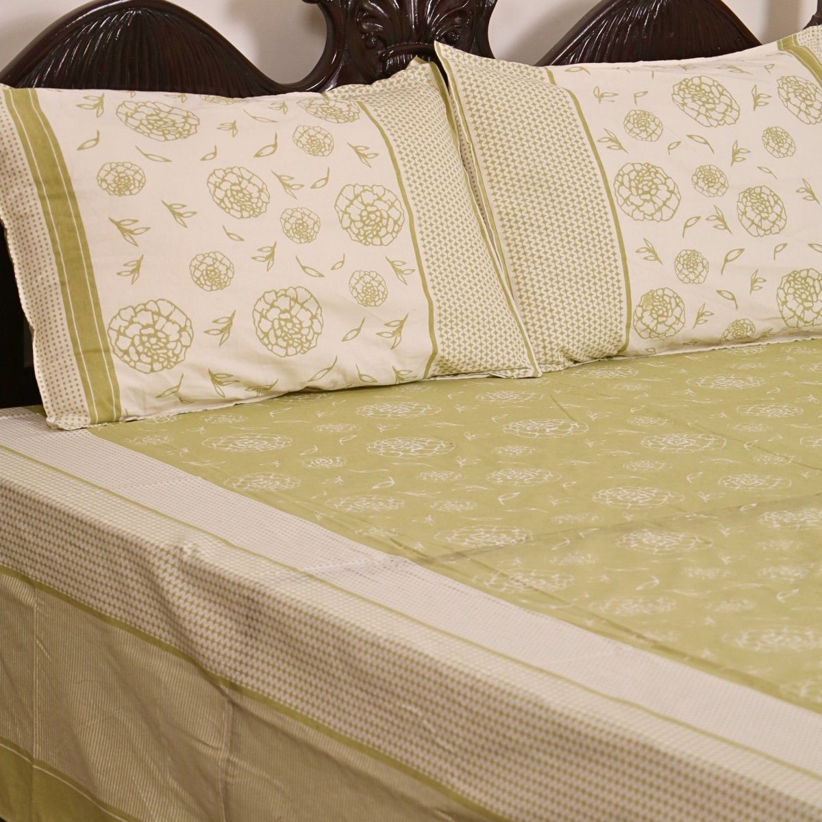 Sage Green & Off White Cotton Bedsheet with Pillow Cover | Marigold Collection
