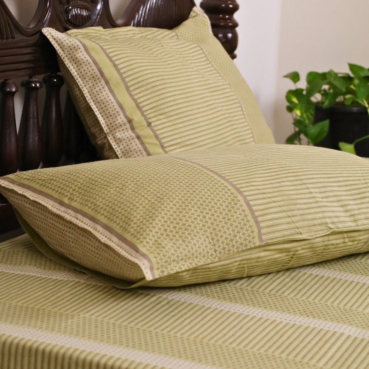 Sage Green & White Textured Cotton Bedsheet and Pillow Cover | Marigold Collection