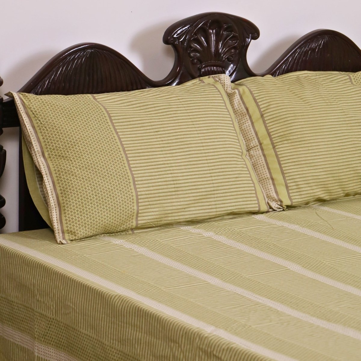 Sage Green & White Textured Cotton Bedsheet and Pillow Cover | Marigold Collection