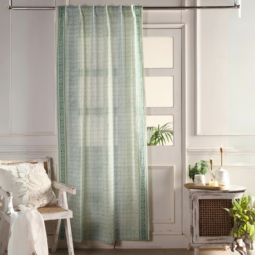 Sheer Cotton Window And Door Curtains With Hand Block Print In Light Green & White | 5 / 7 ft| Handmade In India