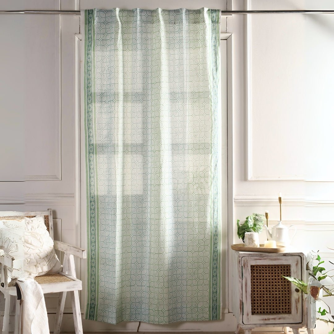 Sheer Cotton Window And Door Curtains With Hand Block Print In Light Green & White | 5 / 7 ft| Handmade In India