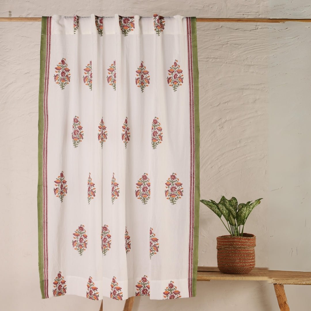 Sheer Cotton Window And Door Curtains With Hand Block Printed Floral Pattern | 5 / 7 ft| Handmade In India