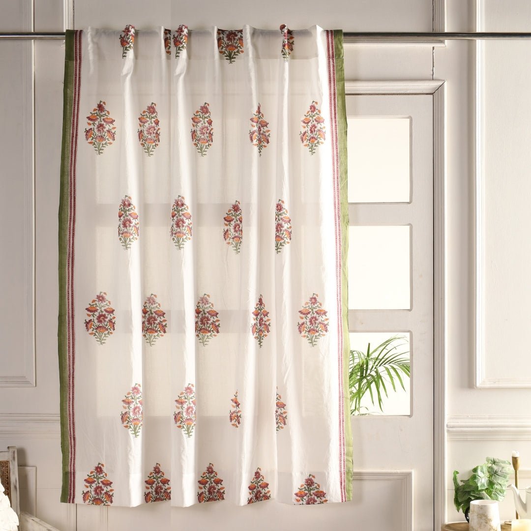 Sheer Cotton Window And Door Curtains With Hand Block Printed Floral Pattern | 5 / 7 ft| Handmade In India