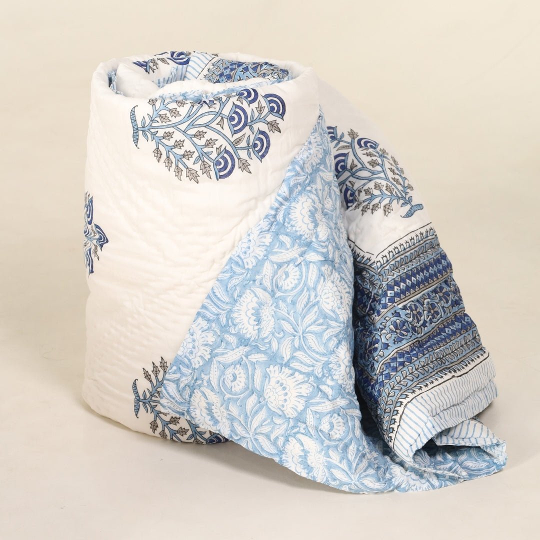 Single Bed Quilt In Fine Cotton | Reversible Hand Block Printed Blue Mist Jaipuri Razai | Handmade In India