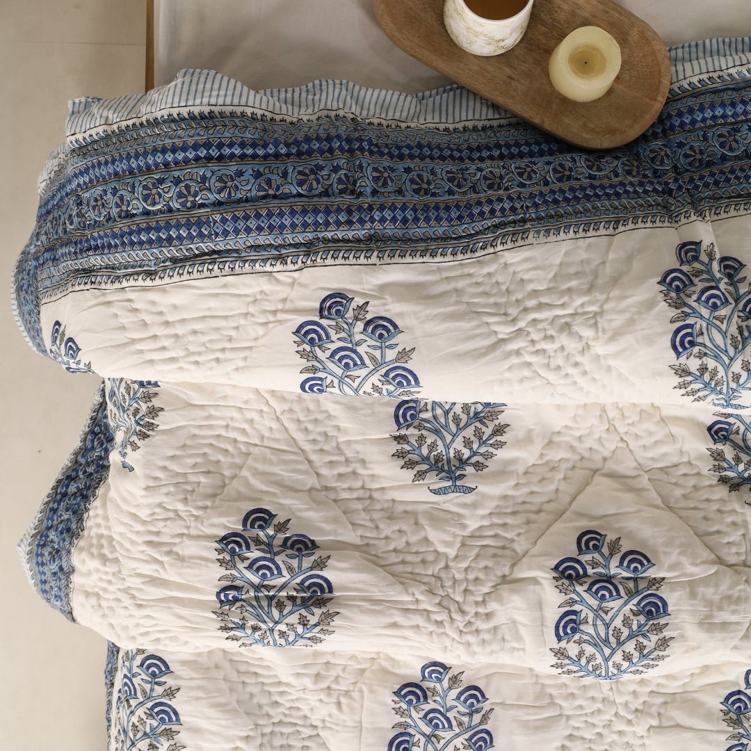 Single Bed Quilt In Fine Cotton | Reversible Hand Block Printed Blue Mist Jaipuri Razai | Handmade In India