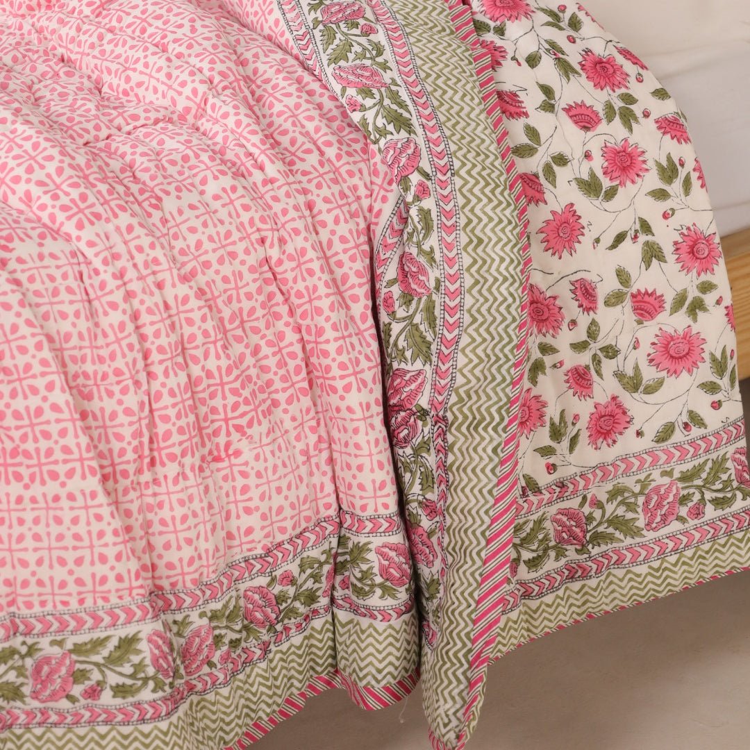 Single Bed Quilt in Fine Cotton | Reversible Hand Block Printed Floral Pink Jaipuri Razai | Handmade in India