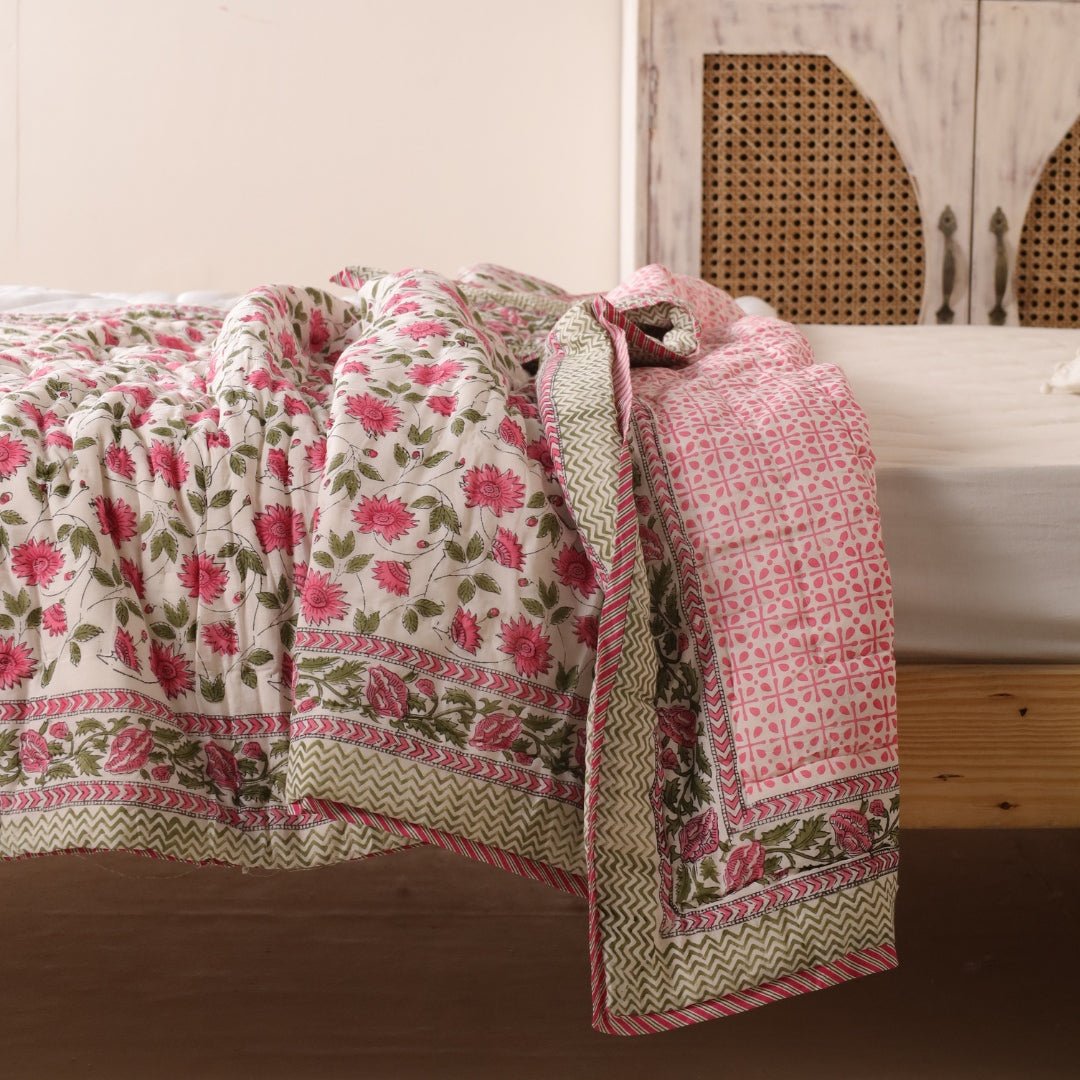 Single Bed Quilt in Fine Cotton | Reversible Hand Block Printed Floral Pink Jaipuri Razai | Handmade in India