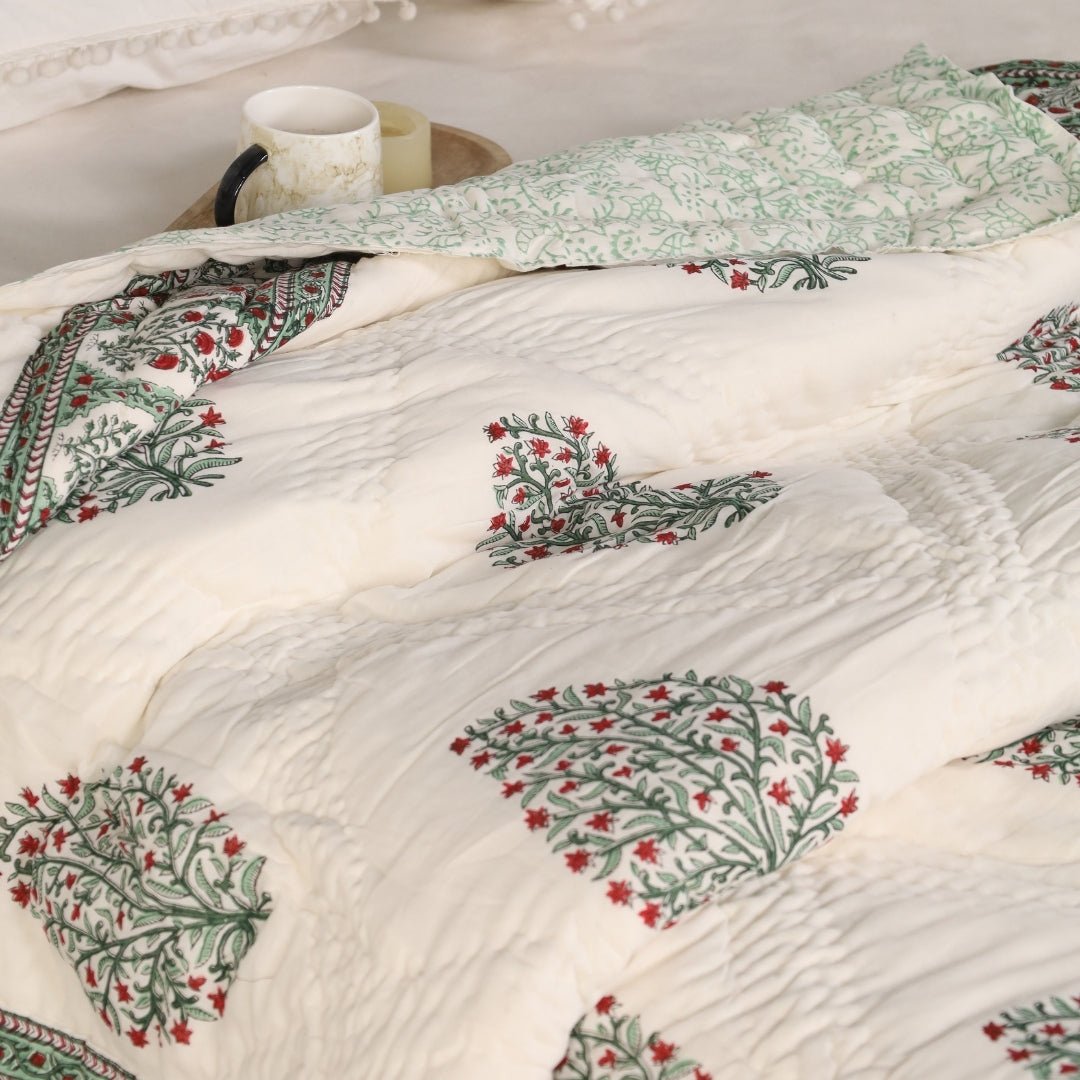 Single Bed Quilt In Fine Cotton | Reversible Hand Block Printed Mughal Florals Jaipuri Razai | Handmade In India
