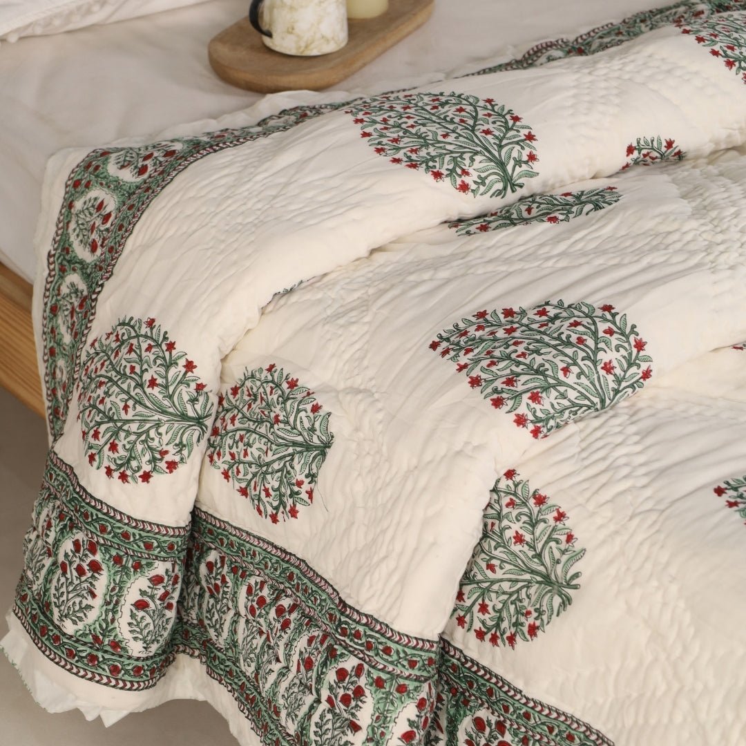 Single Bed Quilt In Fine Cotton | Reversible Hand Block Printed Mughal Florals Jaipuri Razai | Handmade In India