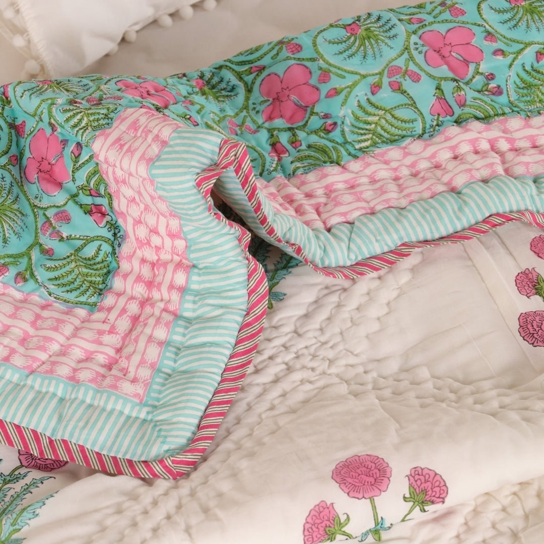 Single Bed Quilt In Fine Cotton | Reversible Hand Block Printed Turquoise Jaipuri Razai | Handmade In India