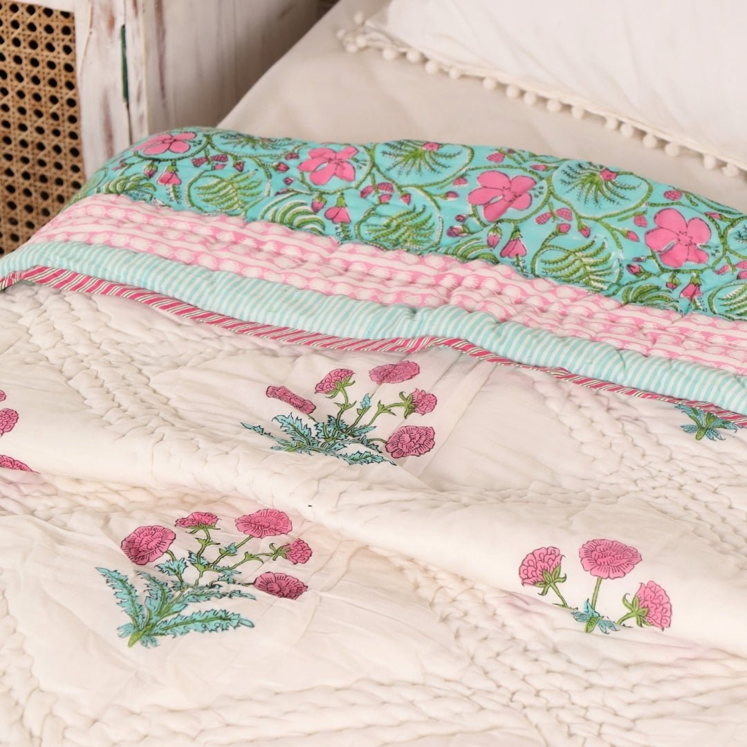 Single Bed Quilt In Fine Cotton | Reversible Hand Block Printed Turquoise Jaipuri Razai | Handmade In India