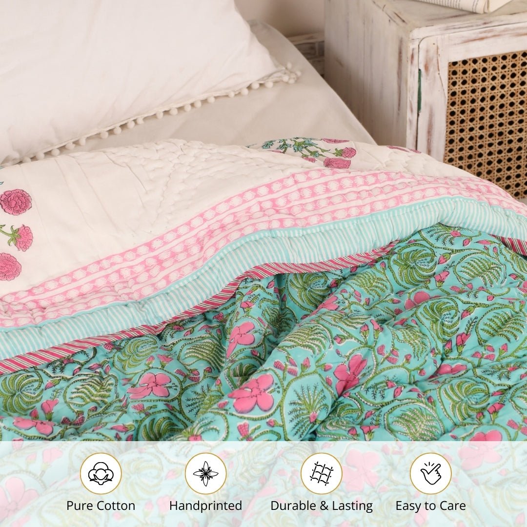 Single Bed Quilt In Fine Cotton | Reversible Hand Block Printed Turquoise Jaipuri Razai | Handmade In India