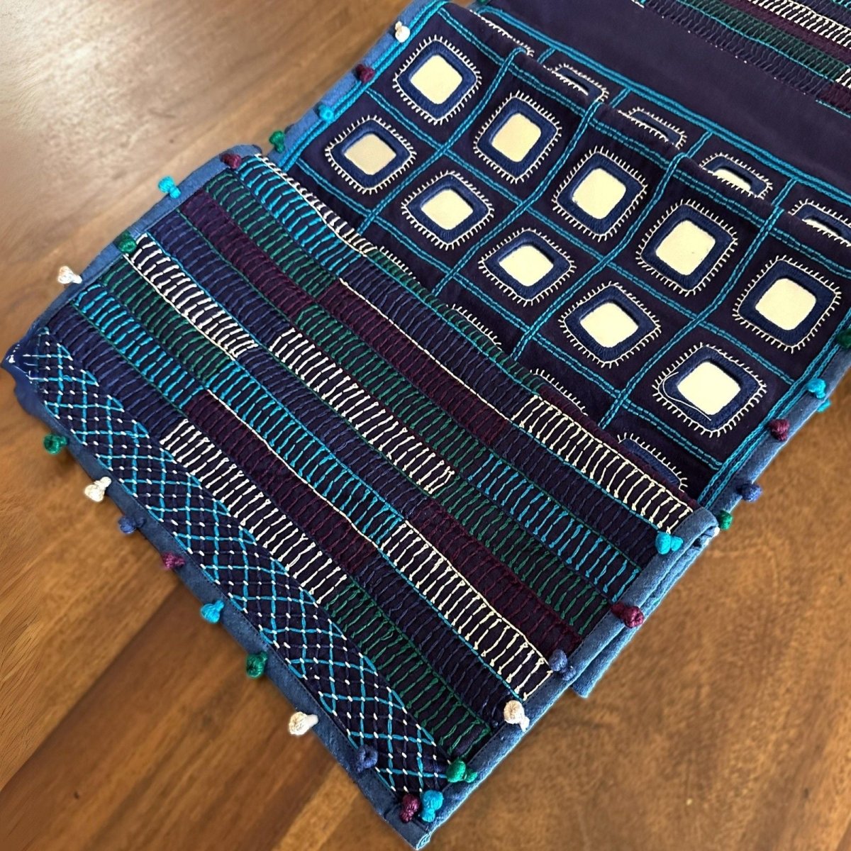Table Runner In Blue With Mirror And Threadwork | Eco Friendly Sustainable Embroidered Tableware | Handmade In India