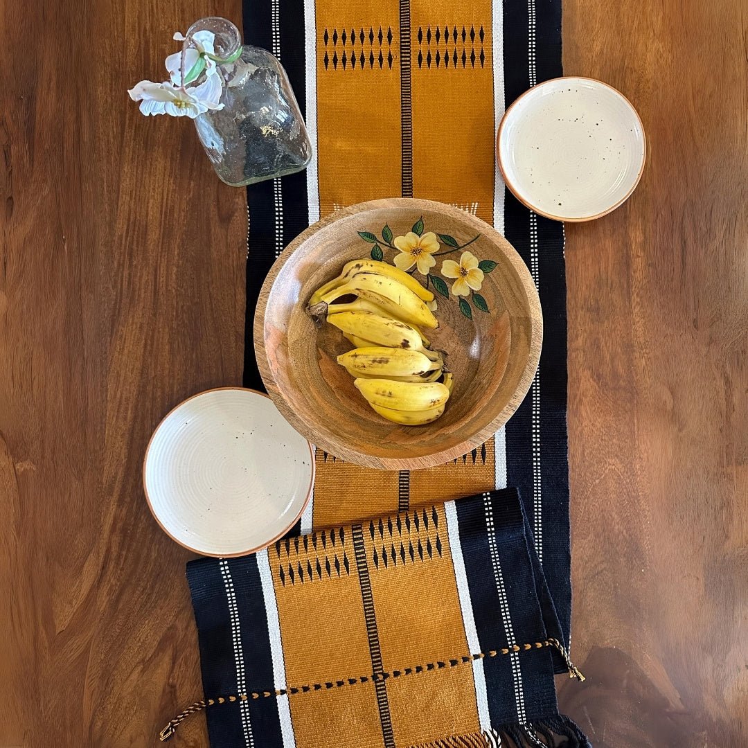 Table Runner In Mustard & Black | Eco Friendly Sustainable Embroidered Tableware | Handmade In India