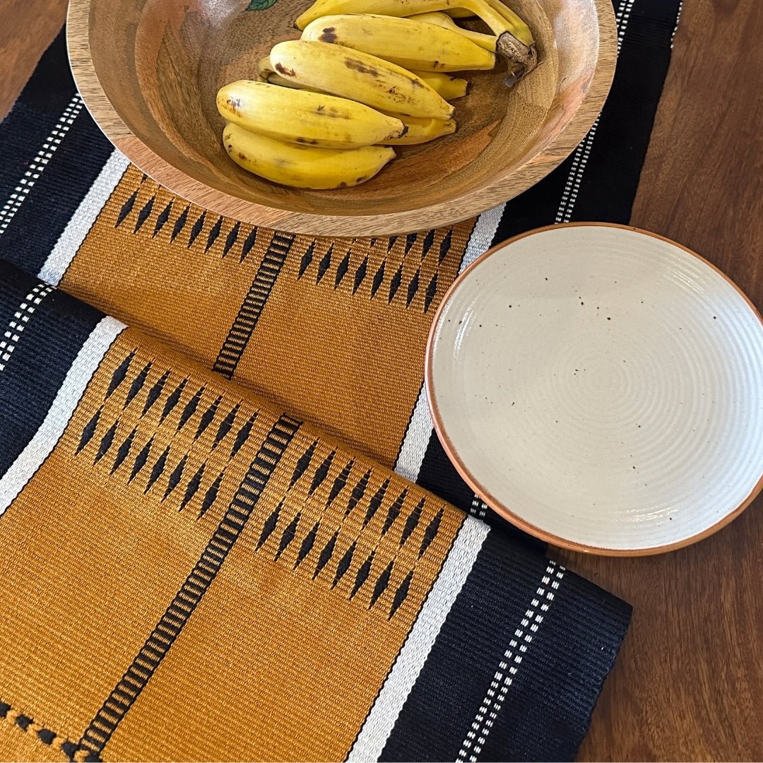 Table Runner In Mustard & Black | Eco Friendly Sustainable Embroidered Tableware | Handmade In India