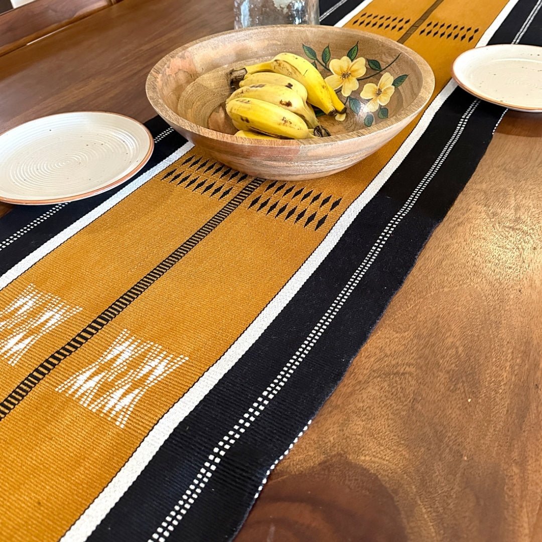 Table Runner In Mustard & Black | Eco Friendly Sustainable Embroidered Tableware | Handmade In India