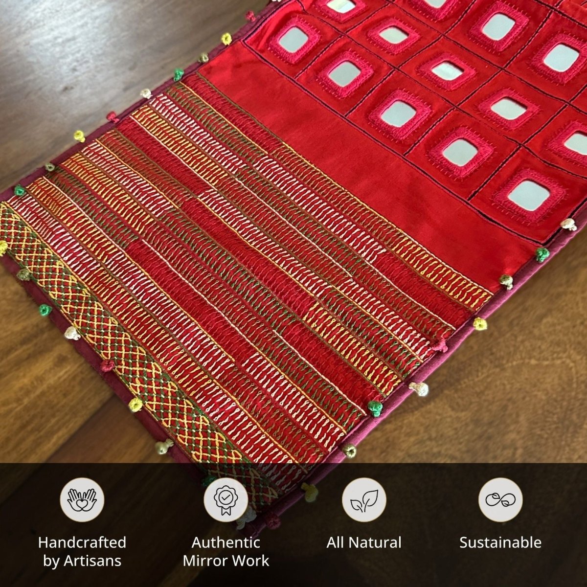 Table Runner In Red With Mirror And Threadwork | Eco Friendly Sustainable Embroidered Tableware | Handmade In India
