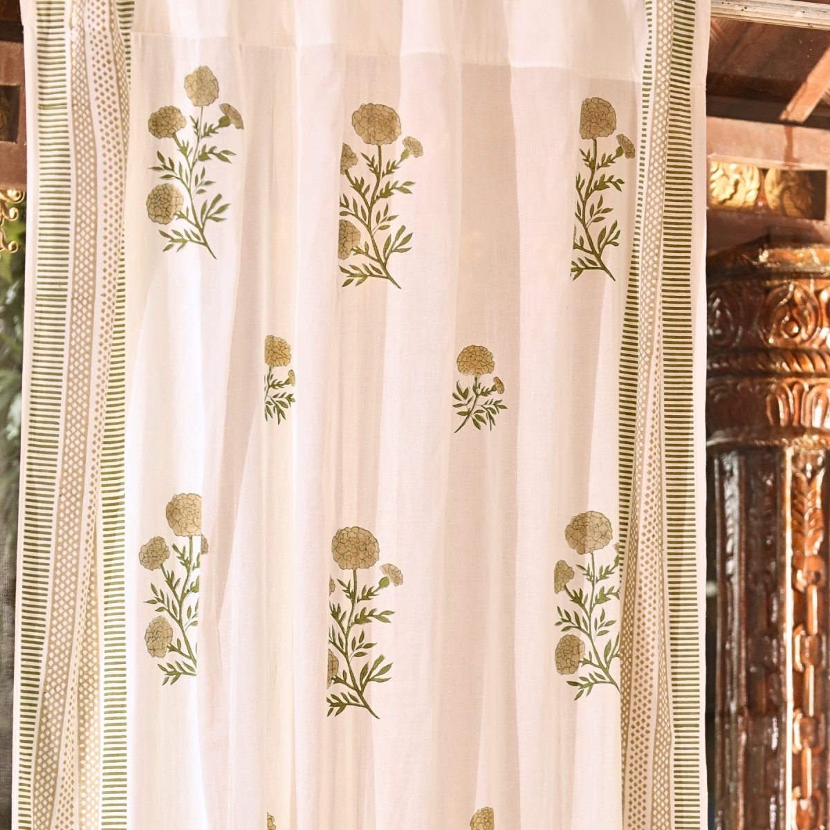 Taupe and Olive Green Sheer Cotton Window And Door Curtains | 5 / 7 ft | Marigold Collection