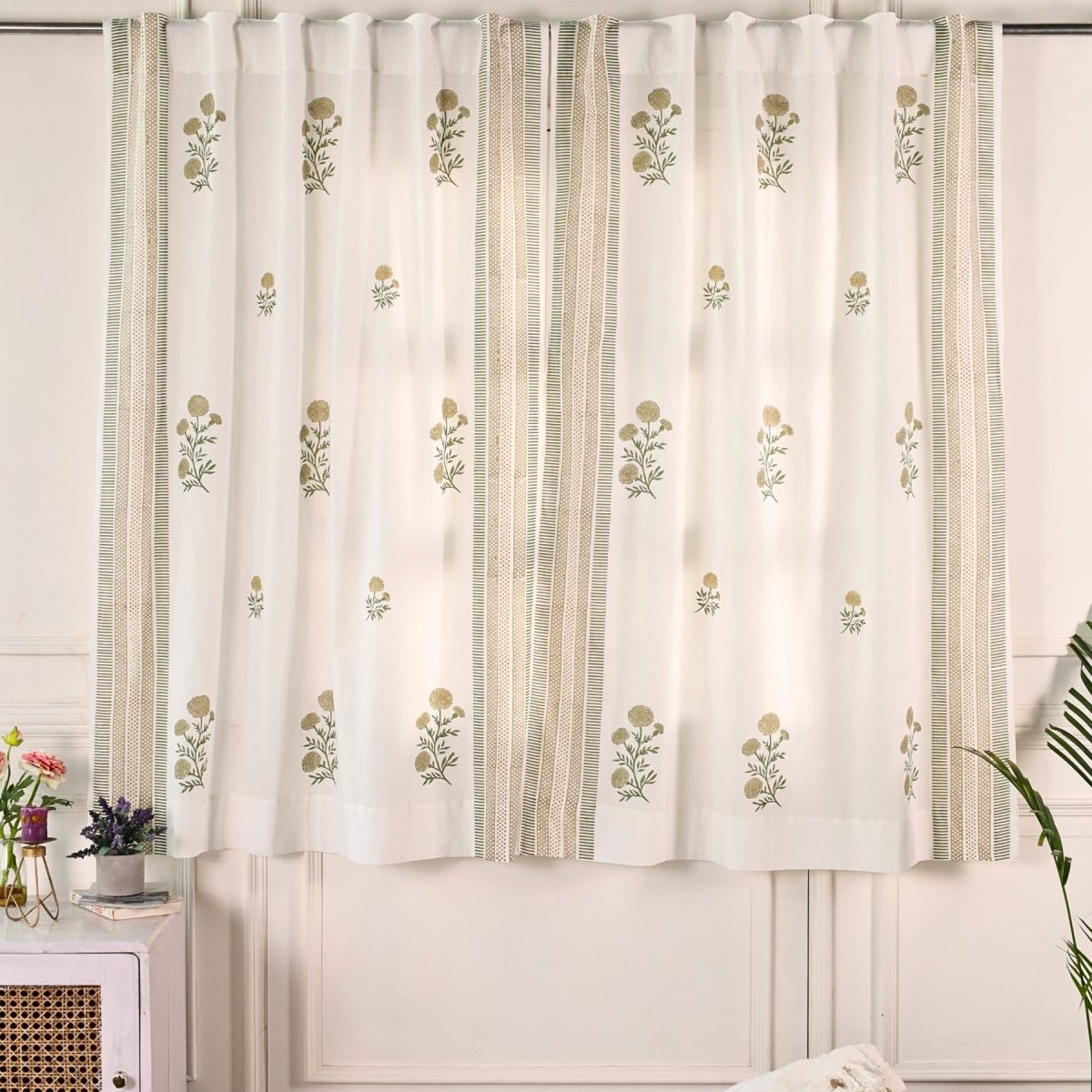 Taupe and Olive Green Sheer Cotton Window And Door Curtains | 5 / 7 ft | Marigold Collection