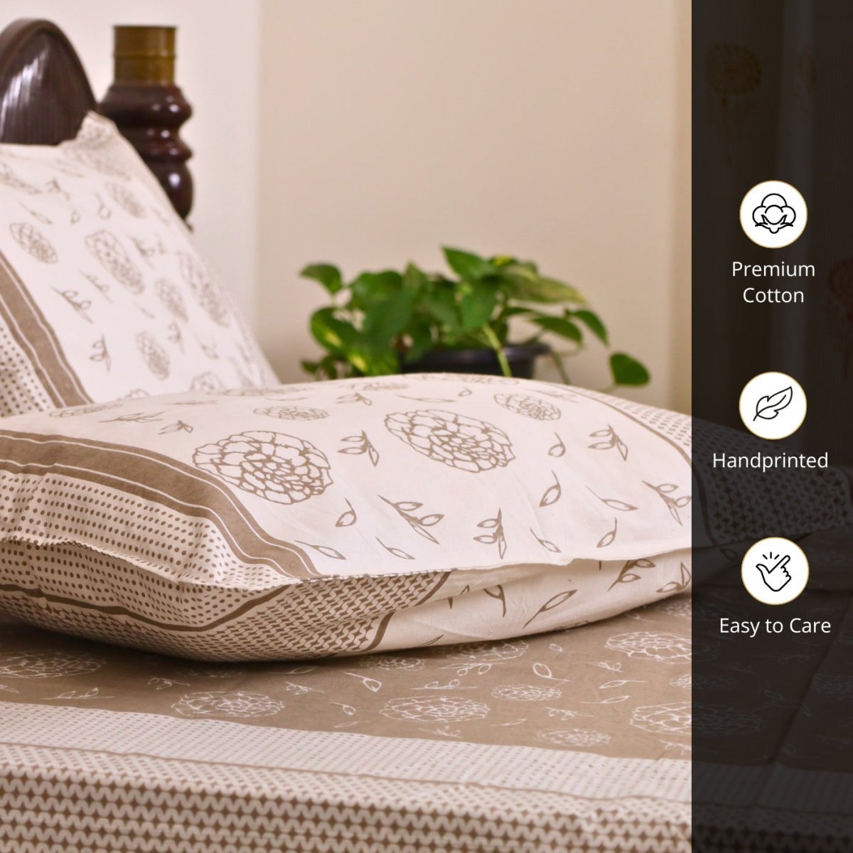 Taupe & Off White Cotton Bedsheet with Pillow Cover | Marigold Collection
