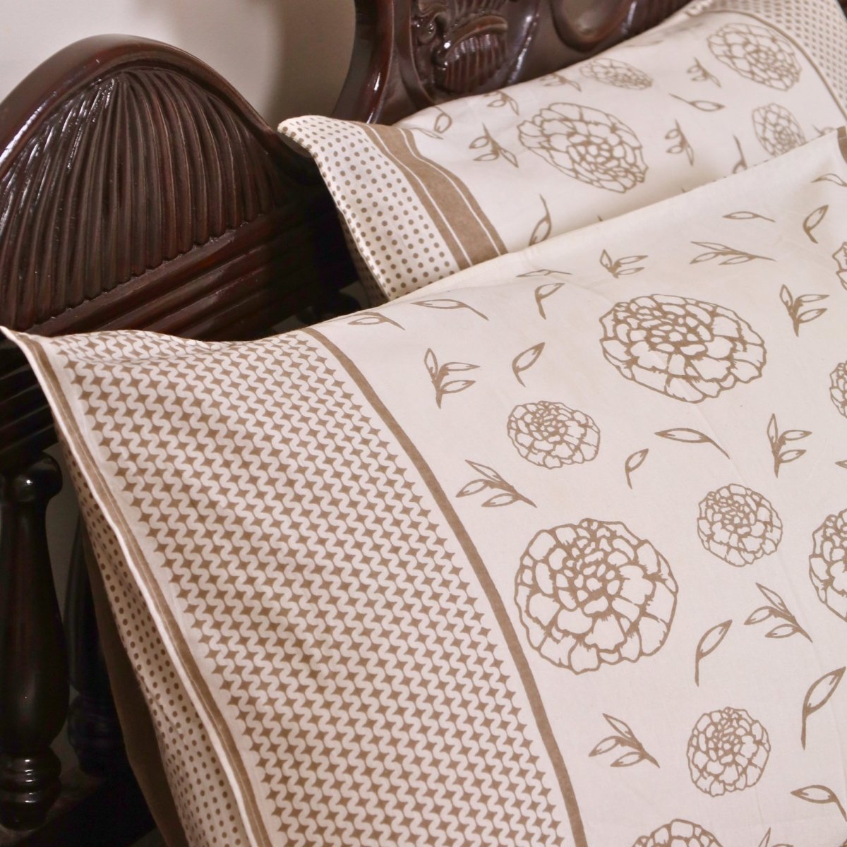 Taupe & Off White Cotton Bedsheet with Pillow Cover | Marigold Collection