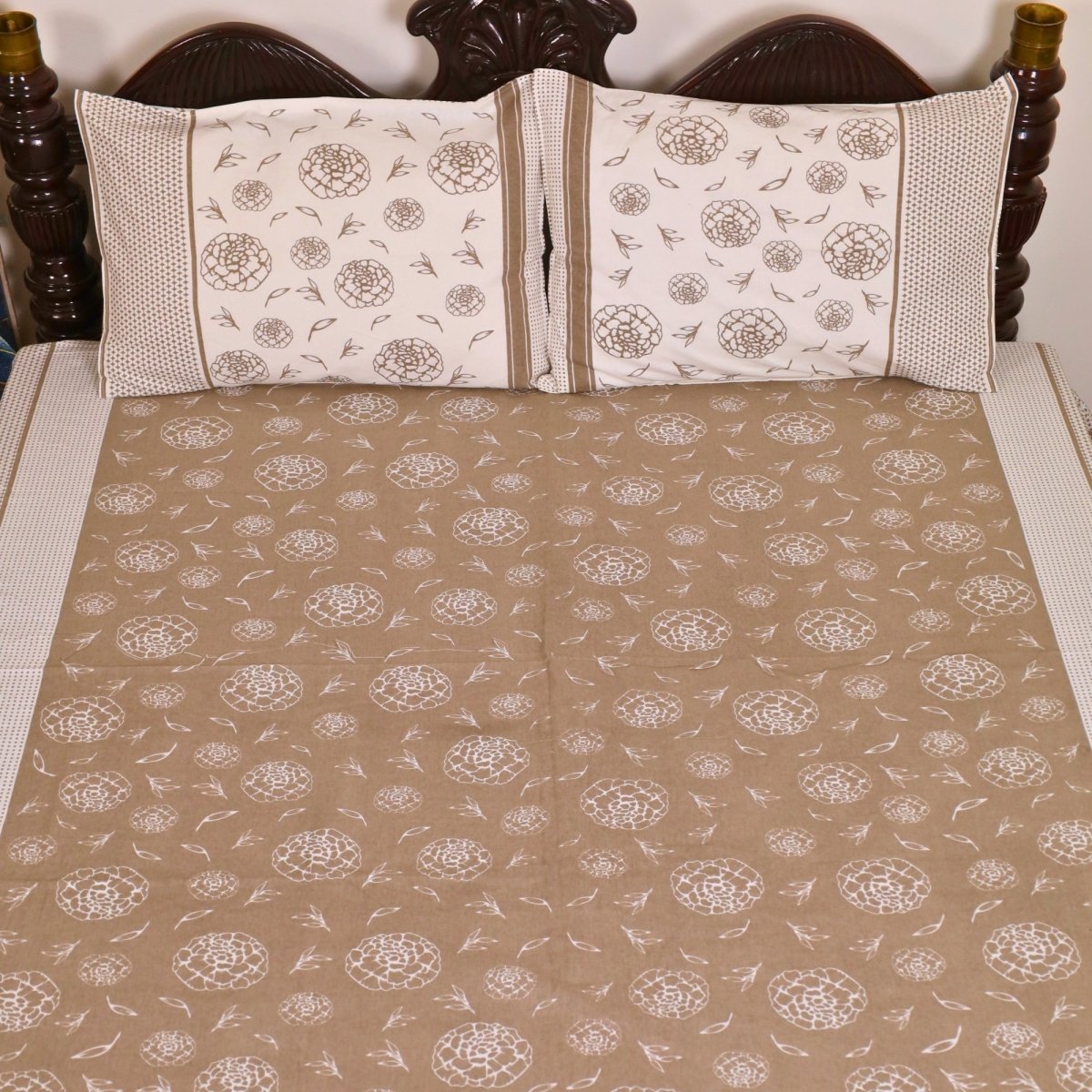 Taupe & Off White Cotton Bedsheet with Pillow Cover | Marigold Collection