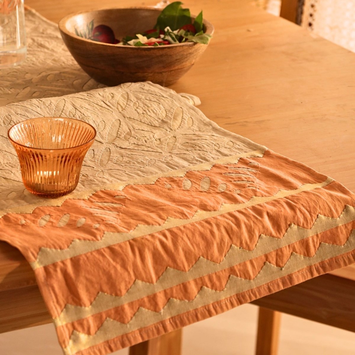Taupe & Rust Applique Cotton Dining Table Runner | 15" x 60" | Marigold Collection