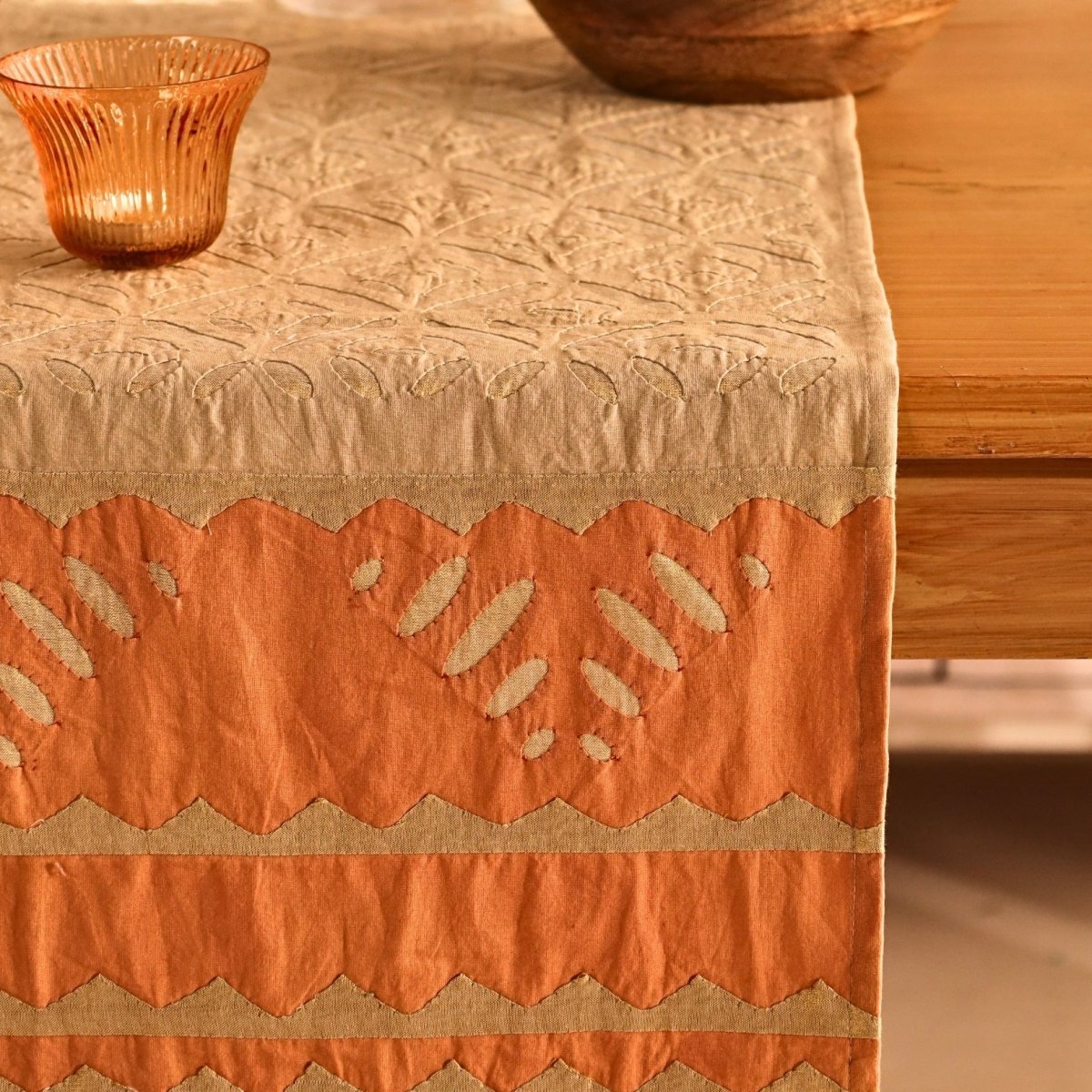 Taupe & Rust Applique Cotton Dining Table Runner | 15" x 60" | Marigold Collection