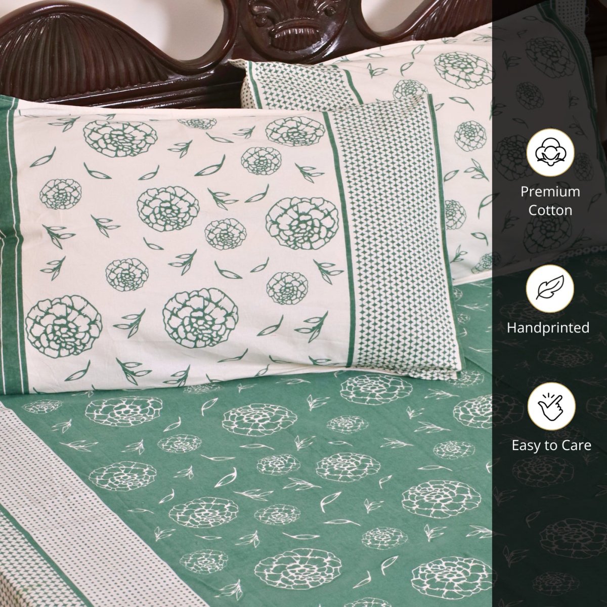 Teal Green & Off White Cotton Bedsheet with Pillow Cover | Marigold Collection