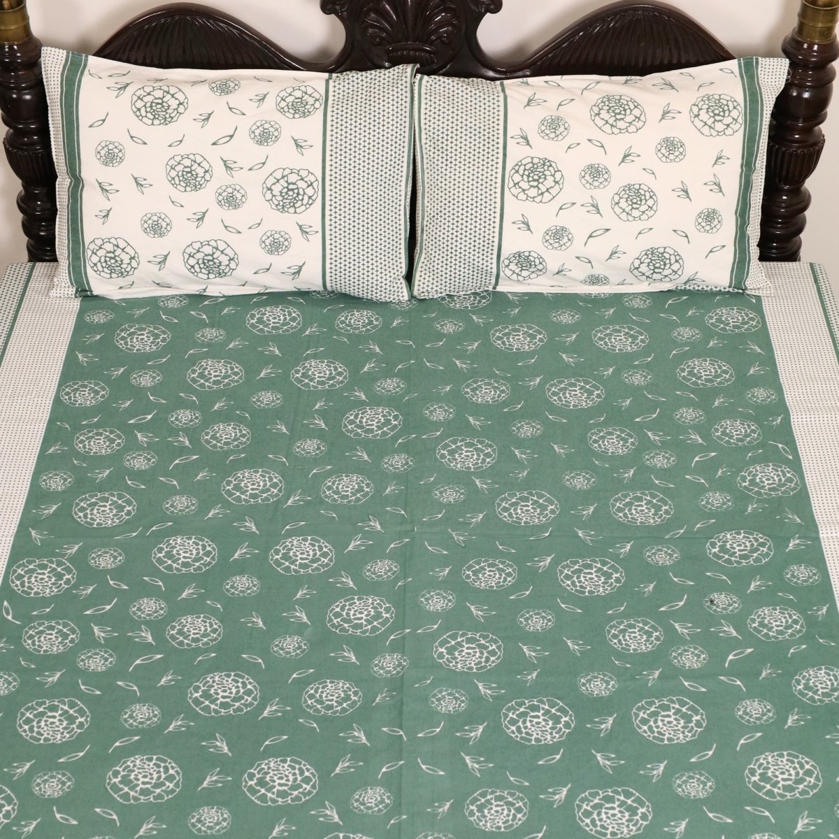 Teal Green & Off White Cotton Bedsheet with Pillow Cover | Marigold Collection