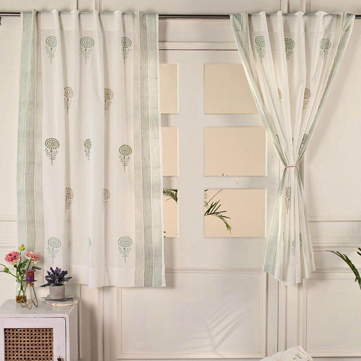 Teal, Green & Taupe Sheer Cotton Window Curtain | 5 / 7 ft | Marigold Collection