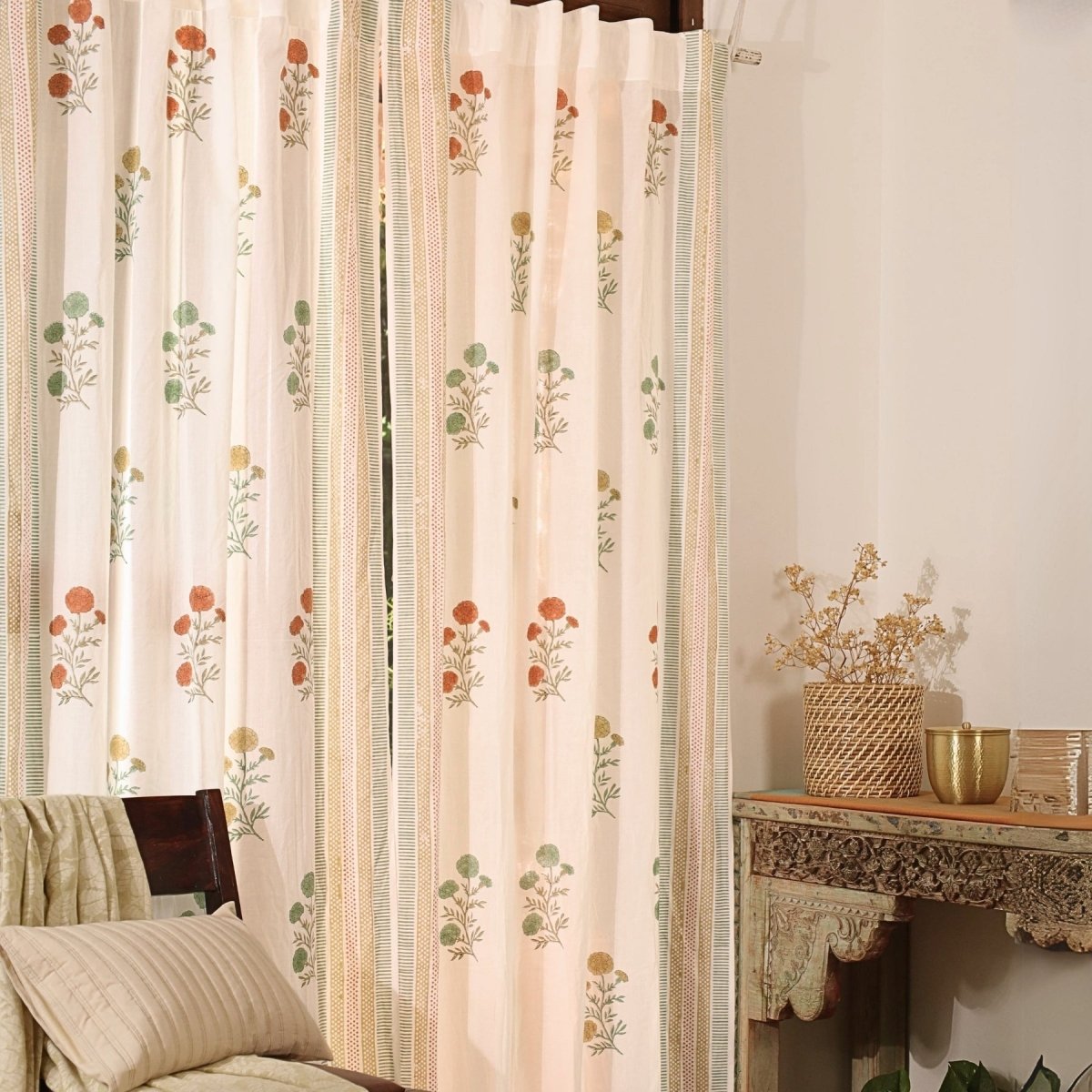 Teal, Mustard and Rust Sheer Cotton Window Curtain | 5 / 7 ft | Marigold Collection
