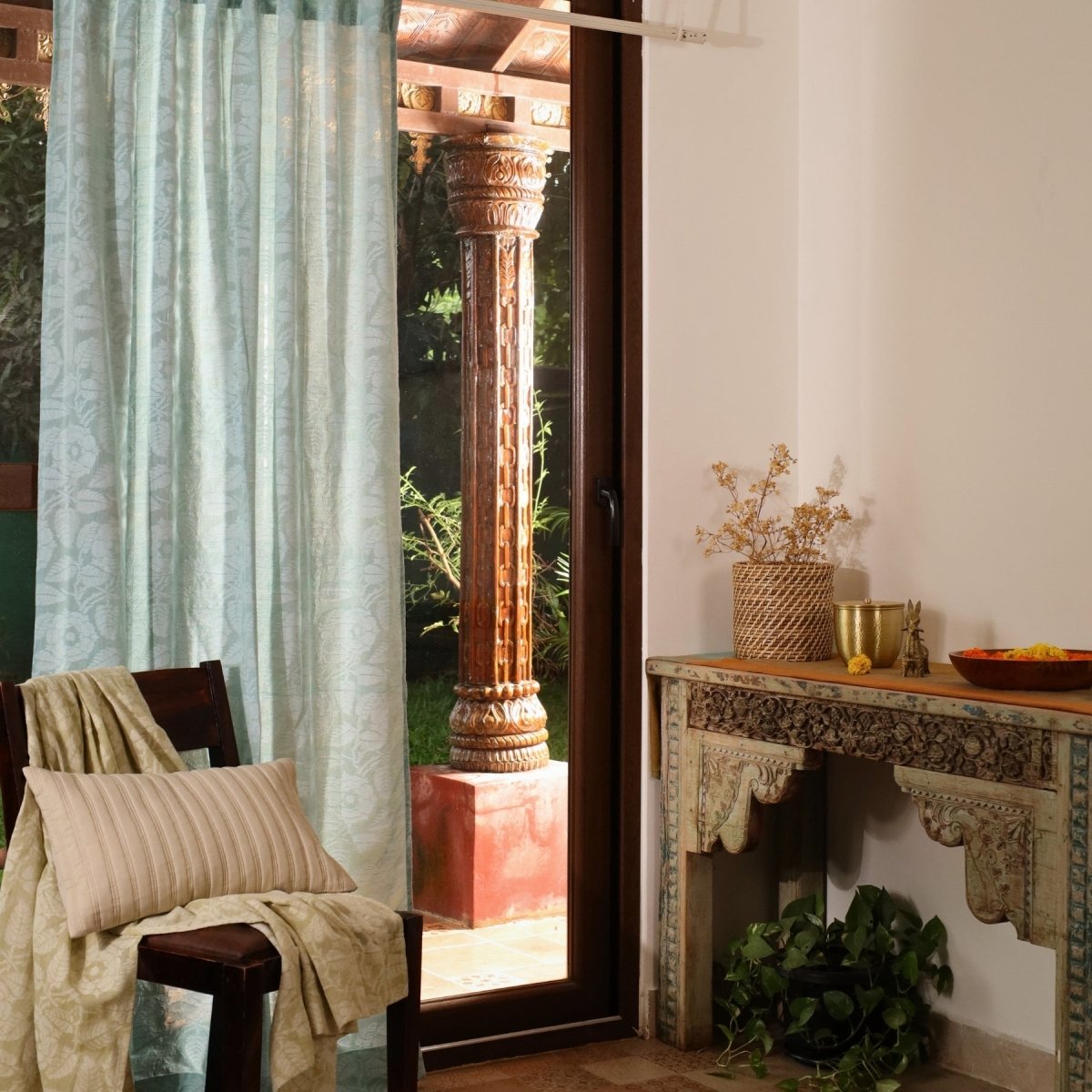 Teal Semi-Transparent Curtain for Door| Length 7ft | Marigold Collection