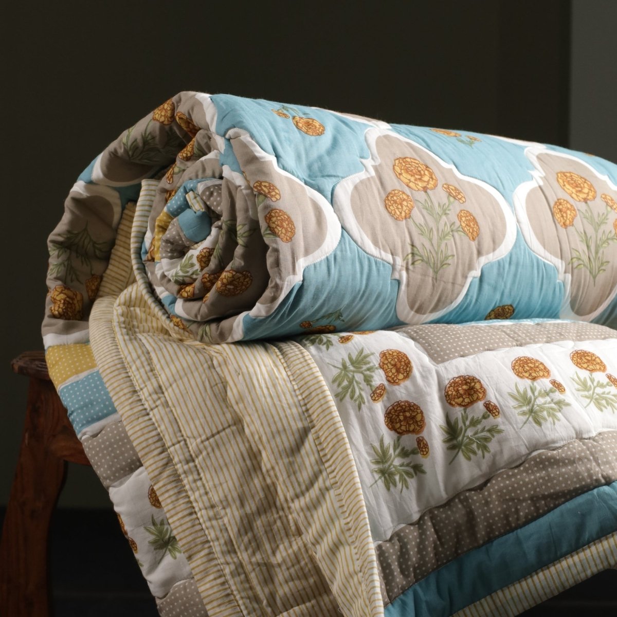Teal & Taupe Handprinted Quilt | Single, Queen Bed Quilt | Marigold Collection