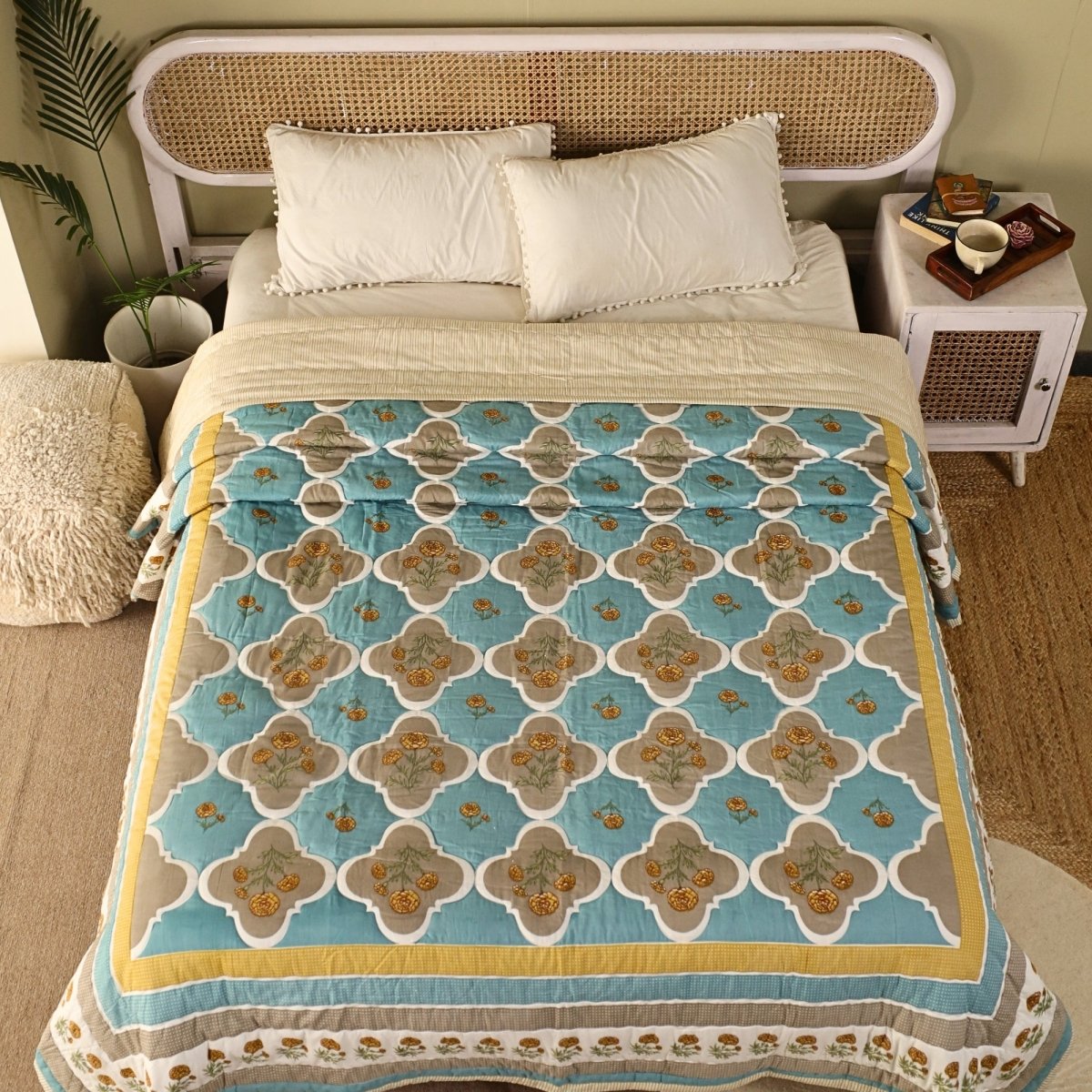 Teal & Taupe Handprinted Quilt | Single, Queen Bed Quilt | Marigold Collection