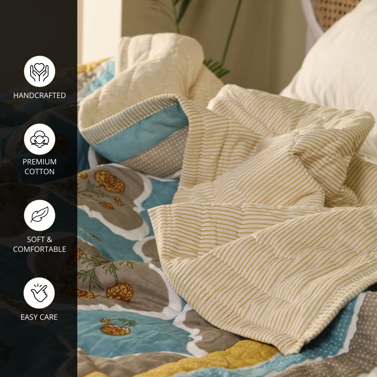Teal & Taupe Handprinted Quilt | Single, Queen Bed Quilt | Marigold Collection