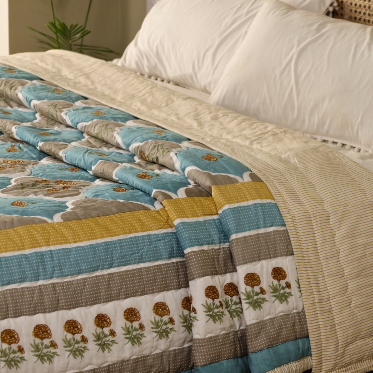 Teal & Taupe Handprinted Quilt | Single, Queen Bed Quilt | Marigold Collection
