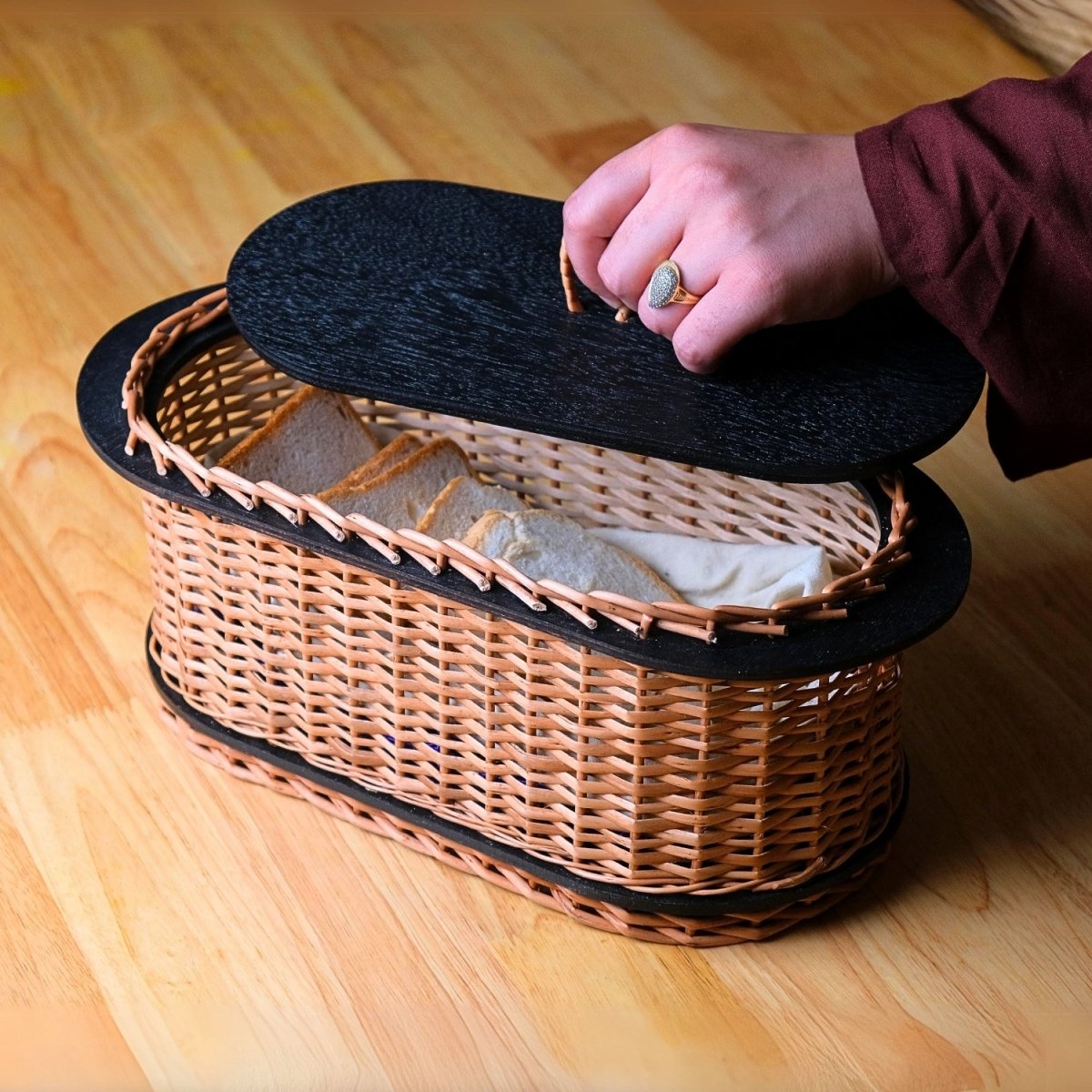 Wicker & Wood Bread Box Handcrafted & Cutlery Holder Combo | Handcrafted in Kashmir