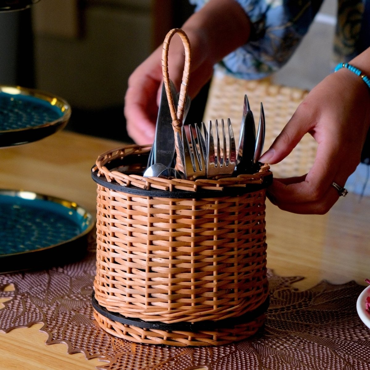Wicker & Wood Cutlery Holder | Handcrafted in Kashmir