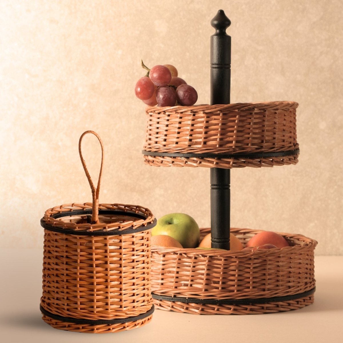 Wicker & Wood Fruit Basket With 2 Tiers & Cutlery Holder Combo | Handcrafted in Kashmir