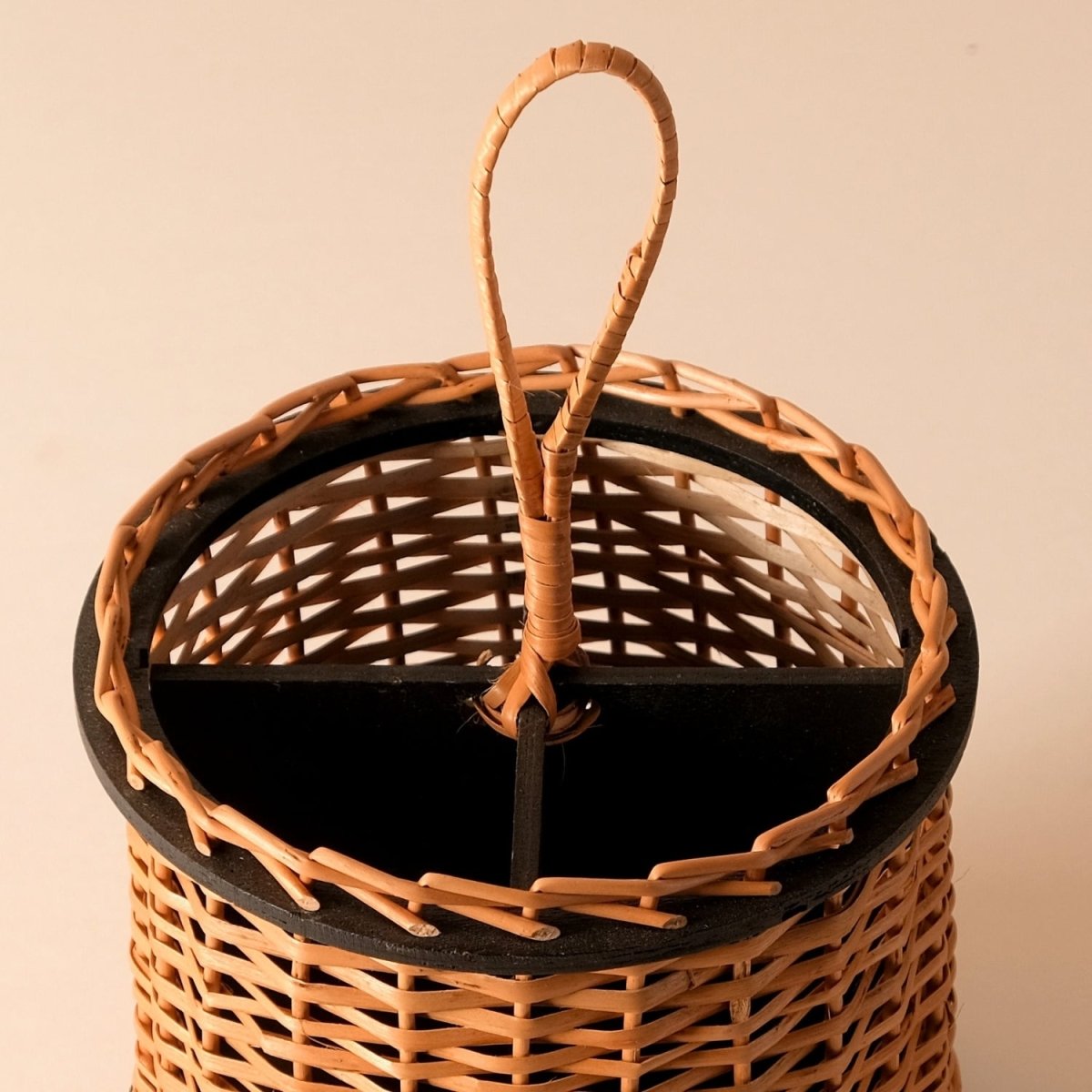 Wicker & Wood Fruit Basket With 2 Tiers & Cutlery Holder Combo | Handcrafted in Kashmir