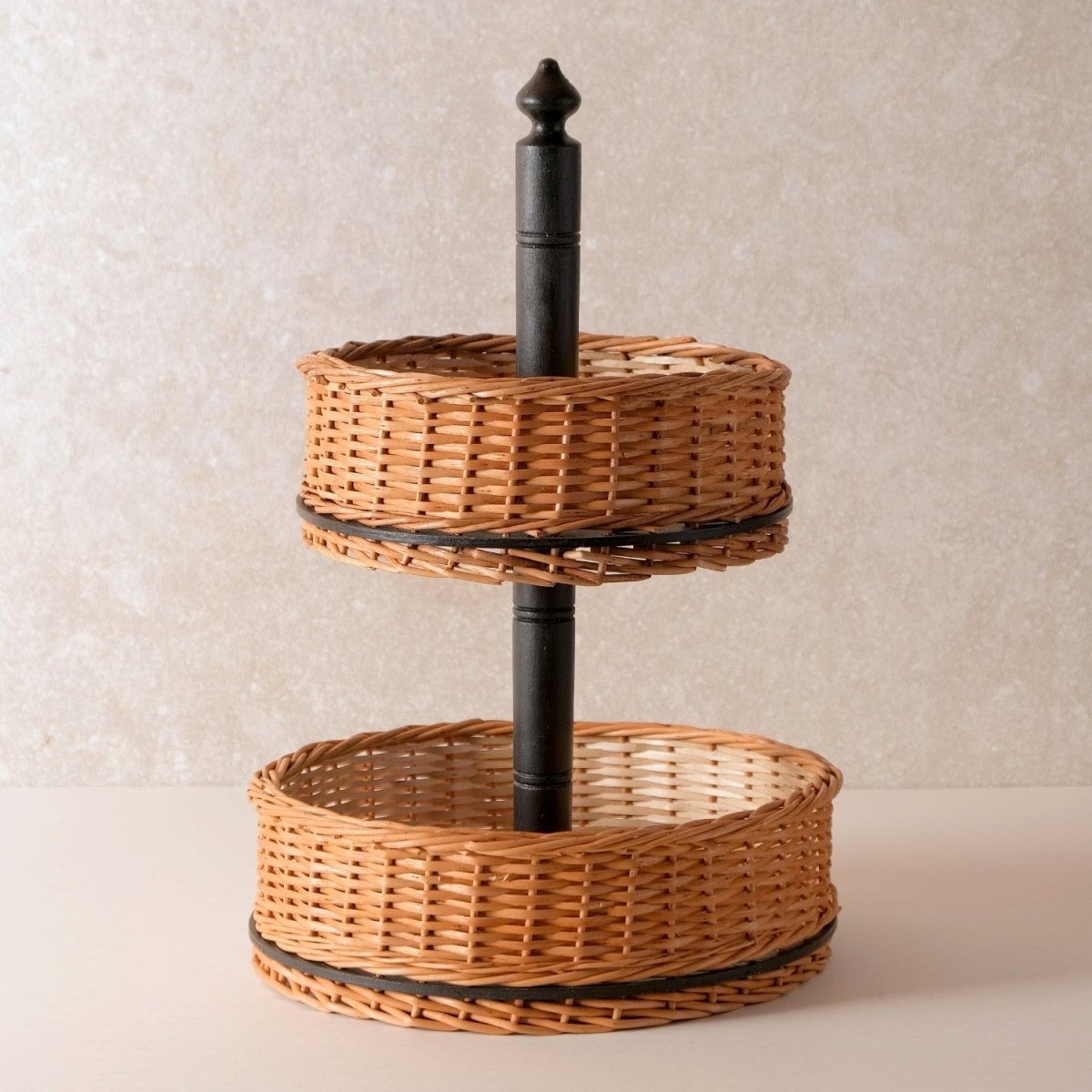 Wicker & Wood Fruit Basket With 2 Tiers | Handcrafted in Kashmir