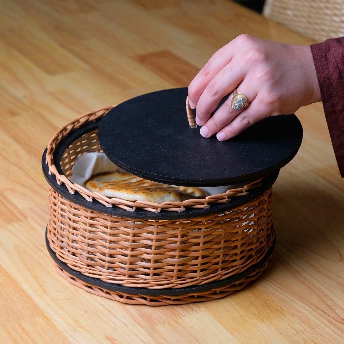 Wicker & Wood Fruit Basket With 2 Tiers, Storage Boxes & Cutlery Holder Combo | Handcrafted in Kashmir