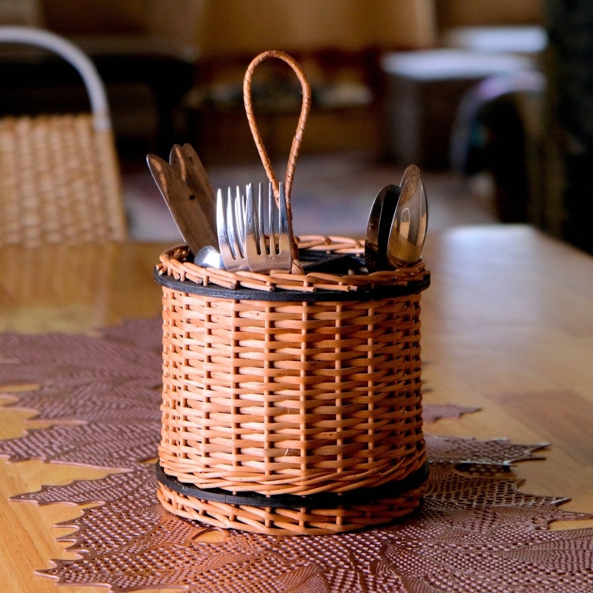 Wicker & Wood Fruit Basket With 2 Tiers, Storage Boxes & Cutlery Holder Combo | Handcrafted in Kashmir