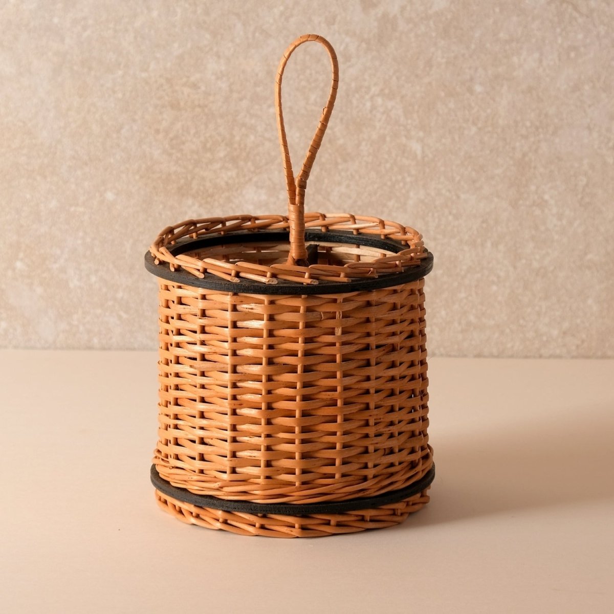 Wicker & Wood Fruit Basket With 2 Tiers, Storage Boxes & Cutlery Holder Combo | Handcrafted in Kashmir