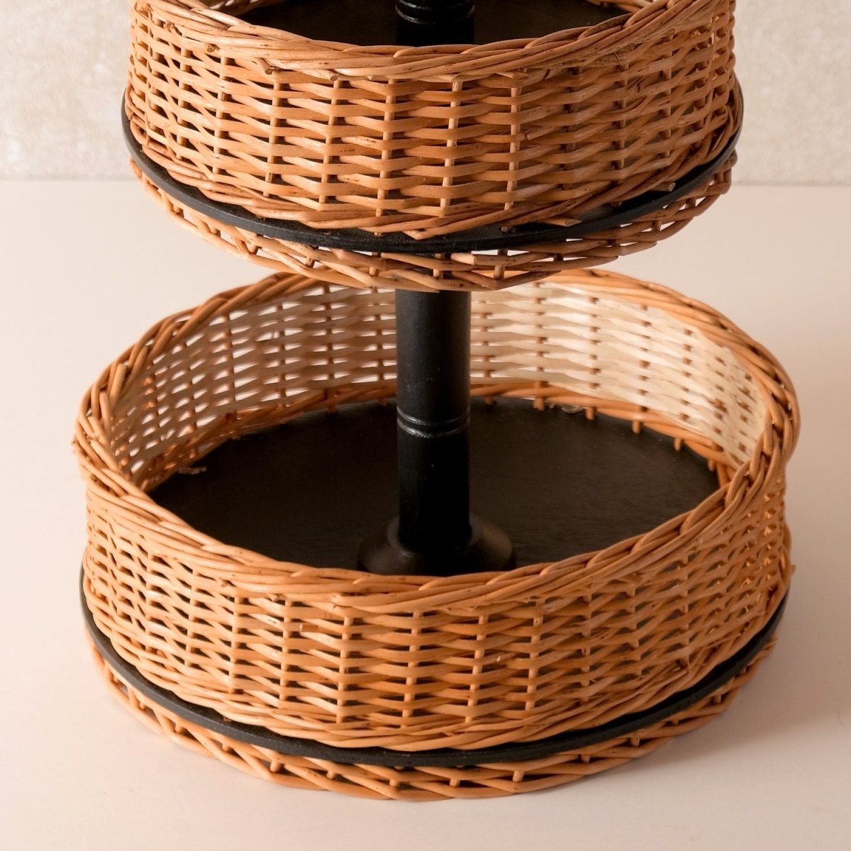 Wicker & Wood Fruit Basket With 2 Tiers & Tissue Box Combo | Handcrafted in Kashmir
